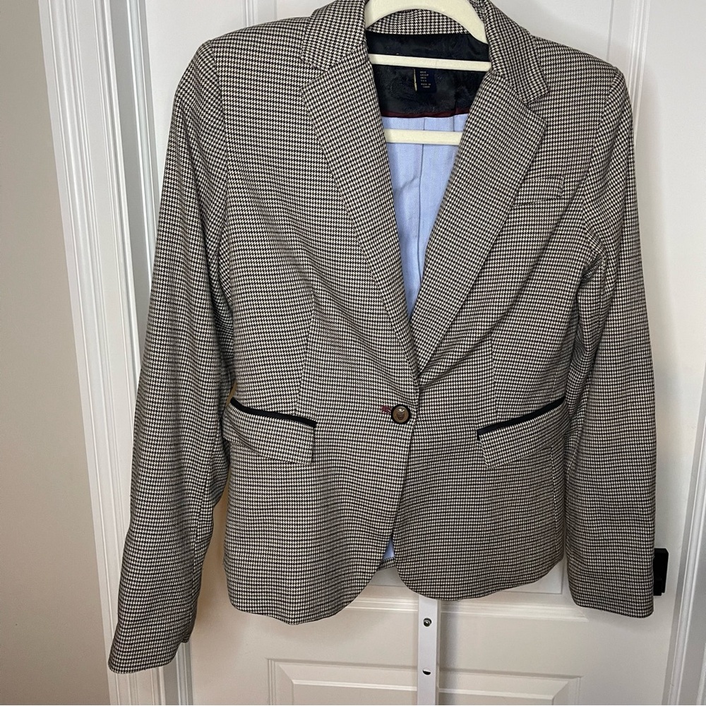 British Khaki Houndstooth Blazer Elbow Patch One Button Jacket Size Small